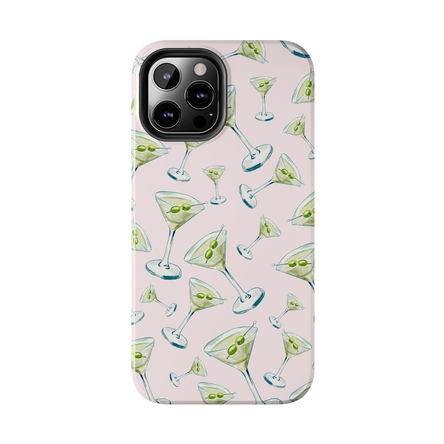 Watercolor Blue and Green Martinis Tossed Illustrated Pattern Blush Pink Tough Phone Case | Various Models