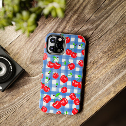 Tossed Red Watercolor Illustrated Cherries Light Blue Gingham Tough Phone Case | Various Models