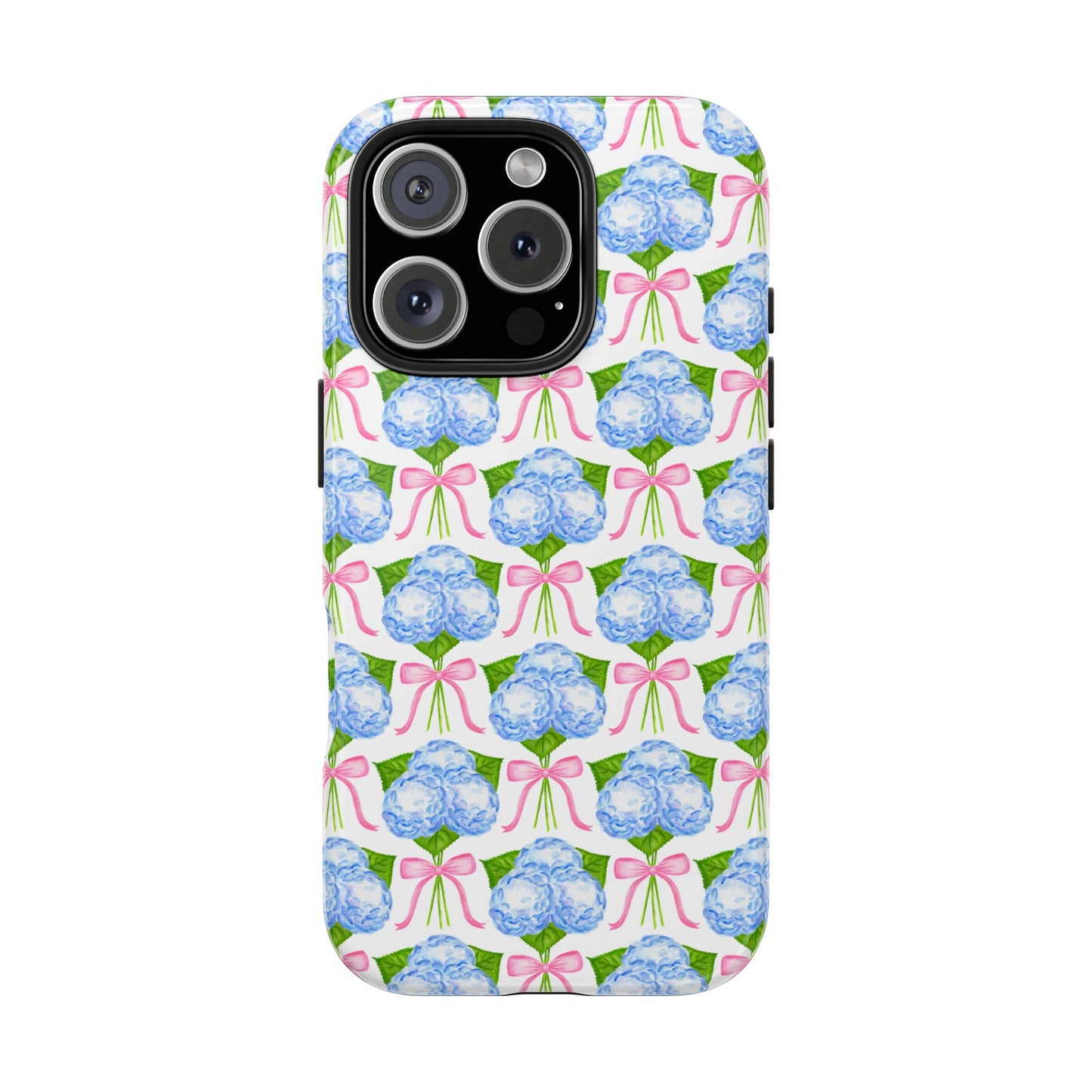 Blue Watercolor Hydrangea Bouqets with Light Pink Bows Watercolor Illustrated Patterned Tough Phone Case | Various Models
