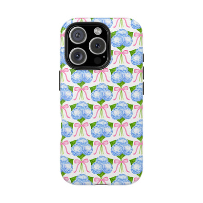 Blue Watercolor Hydrangea Bouqets with Light Pink Bows Watercolor Illustrated Patterned Tough Phone Case | Various Models