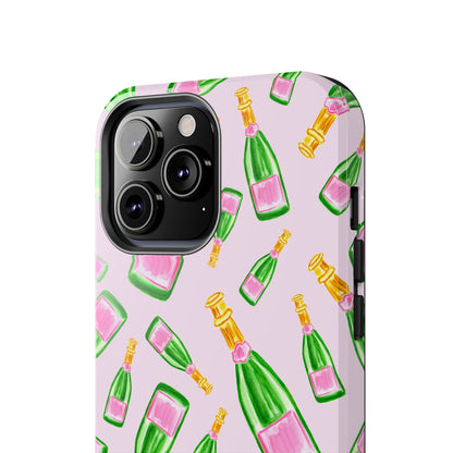 Tossed Pink and Green Watercolor Illustrated Champagne Bottles Pattern Blush Pink Tough Phone Case | Various Models