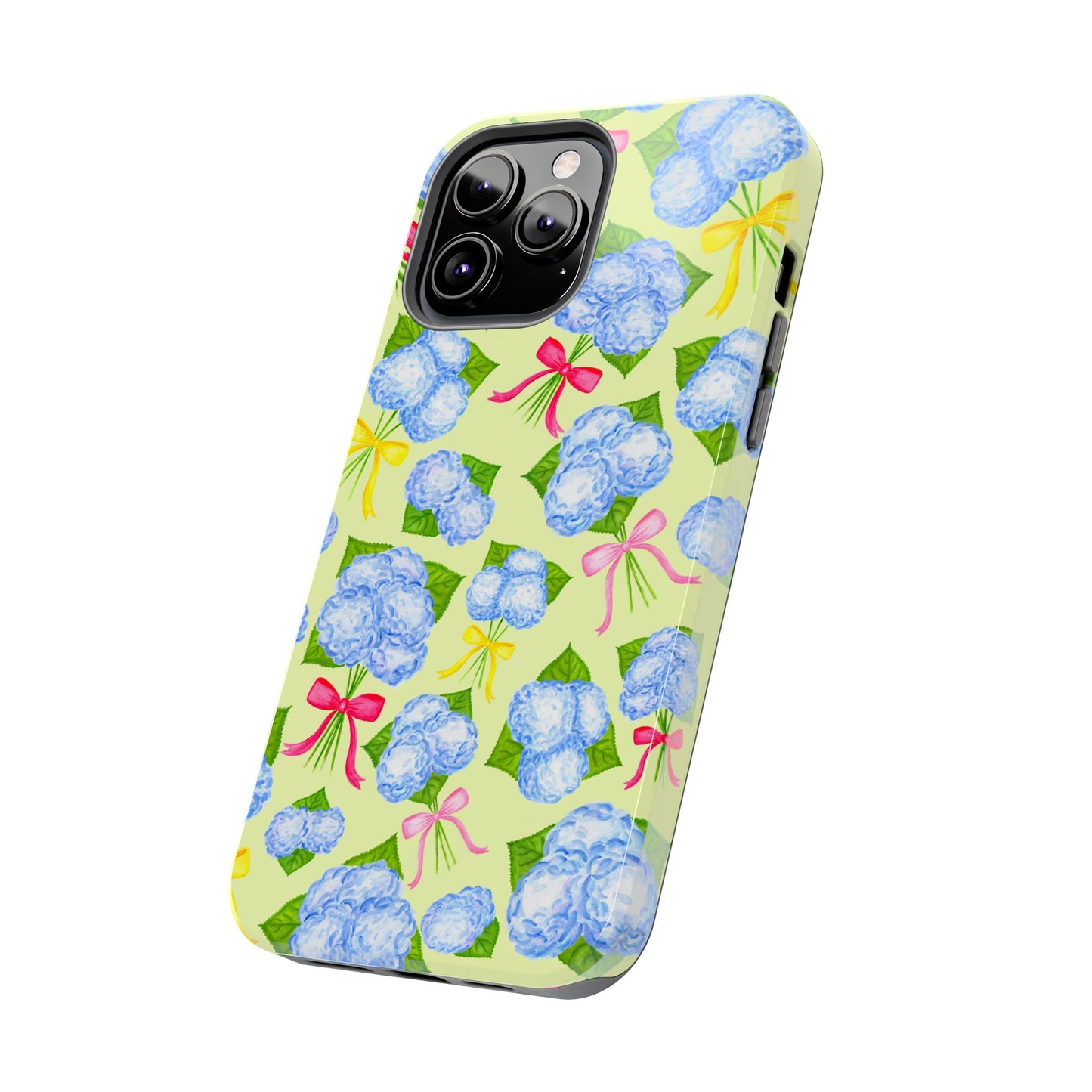 Blue Watercolor Hydrangea Bunches with Hot Pink, Yellow, Light Pink Bows Illustrated Patterned Yellow Tough Phone Case | Various Models