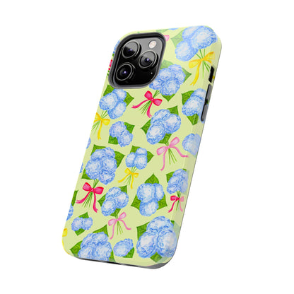 Blue Watercolor Hydrangea Bunches with Hot Pink, Yellow, Light Pink Bows Illustrated Patterned Yellow Tough Phone Case | Various Models