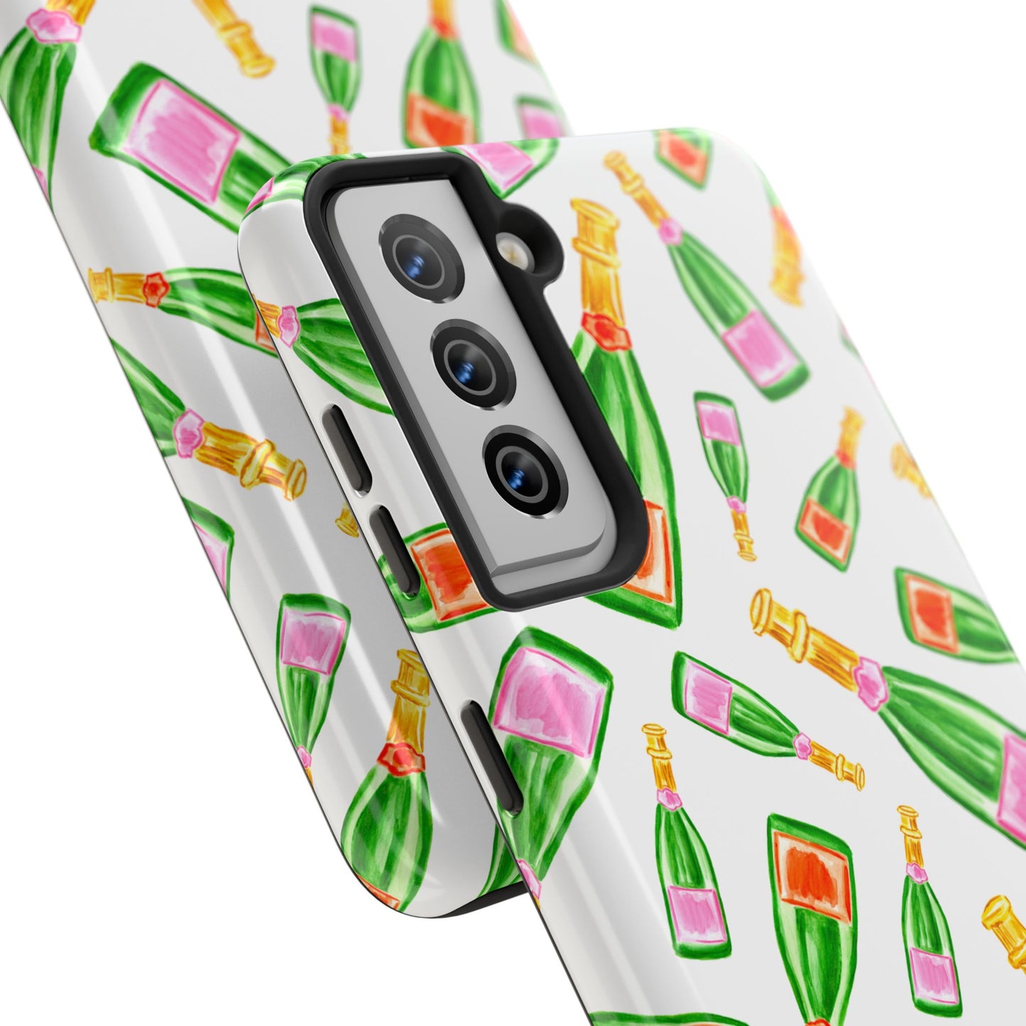 Tossed Pink and Green & Orange and Green Watercolor Illustrated Champagne Bottles Pattern Tough Phone Case | Various Models