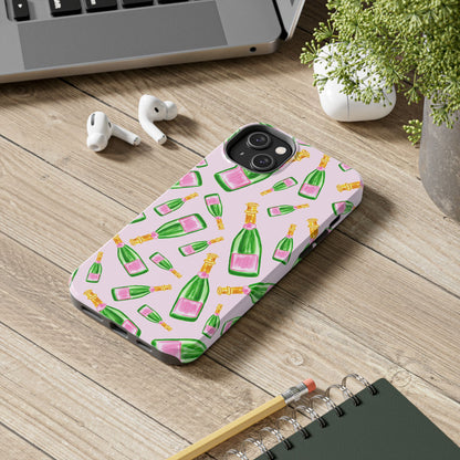 Tossed Pink and Green Watercolor Illustrated Champagne Bottles Pattern Blush Pink Tough Phone Case | Various Models