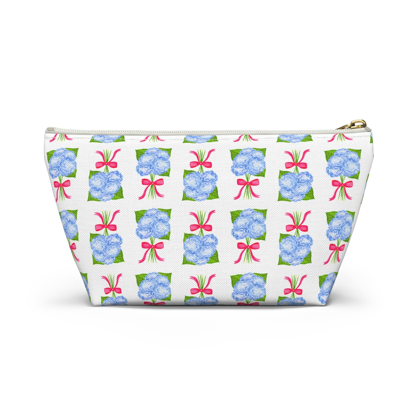 Blue Hydrangea Bouquets with Hot Pink Bows Watercolor Illustrated Printed Accessory Pouch T-Bottom | Large or Small