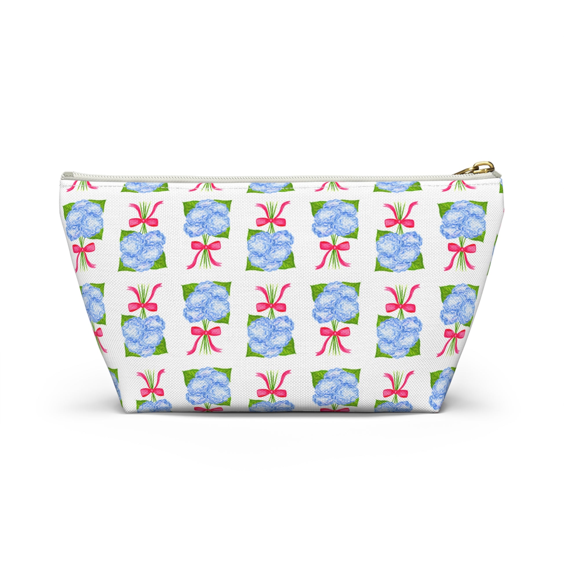 Blue Hydrangea Bouquets with Hot Pink Bows Watercolor Illustrated Printed Accessory Pouch T-Bottom | Large or Small