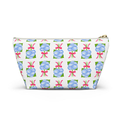 Blue Hydrangea Bouquets with Hot Pink Bows Watercolor Illustrated Printed Accessory Pouch T-Bottom | Large or Small