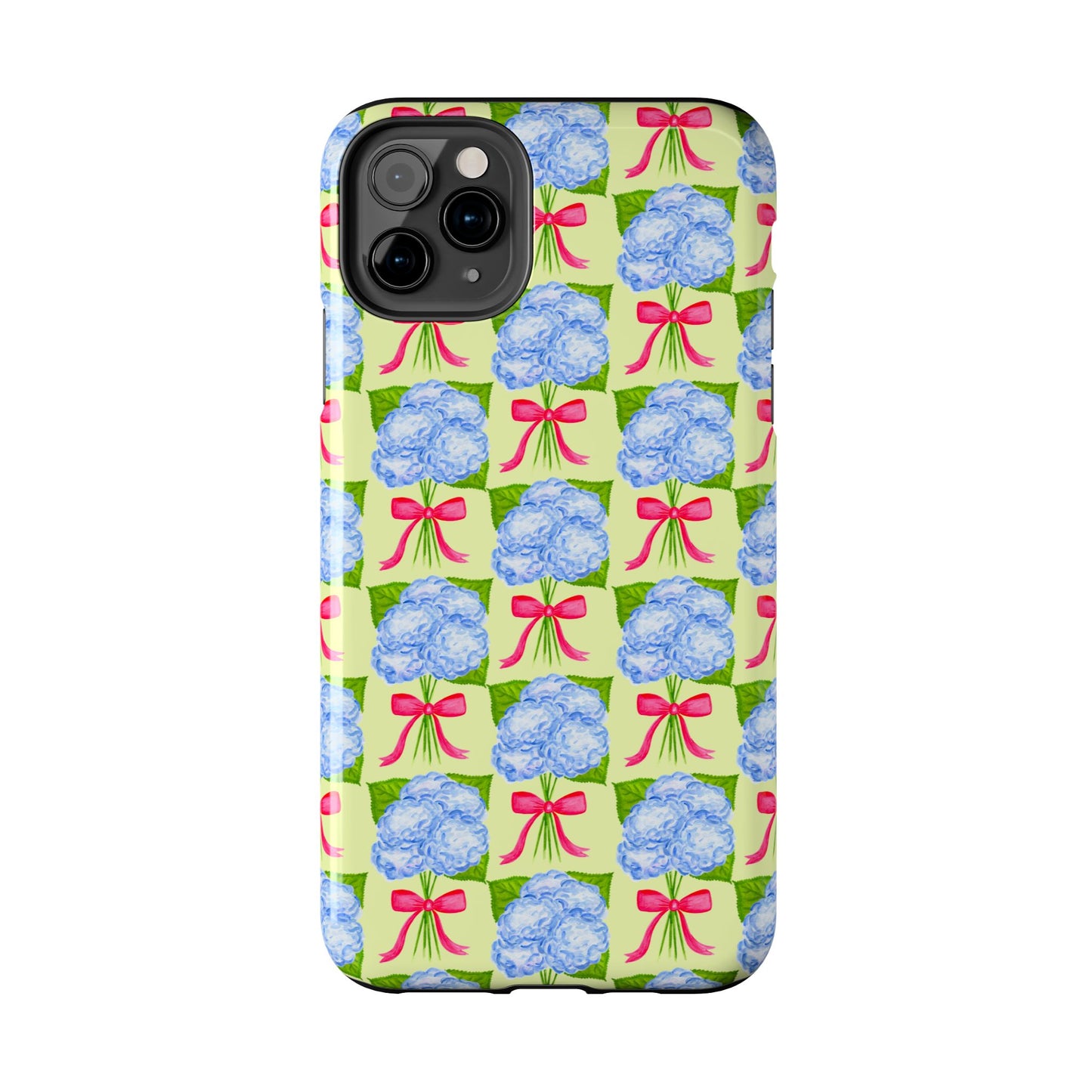 Blue Watercolor Hydrangea Bouquets with Hot Pink Bows Illustrated Patterned Yellow Preppy Grand Millenial Tough Phone Case | Various Models