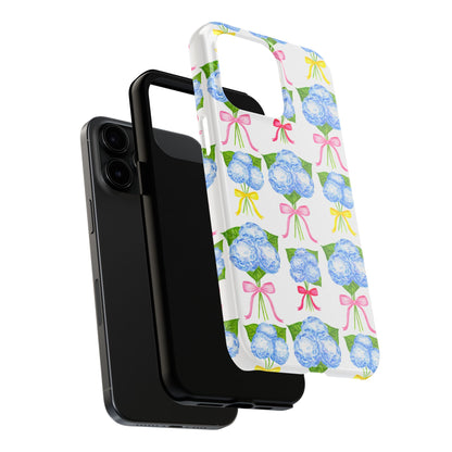 Blue Hydrangeas with Hot Pink, Yellow, Light Pink Bows Watercolor Illustrated Patterned Tough Phone Case | Various Models