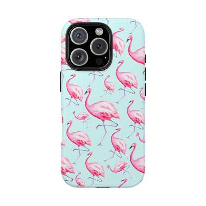 Pink Flamingos Watercolor Illustrated Tossed Pattern Blue Phone Case | Various Models iPhone 16 Pro
