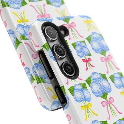 Blue Hydrangeas with Hot Pink, Yellow, Light Pink Bows Watercolor Illustrated Patterned Tough Phone Case | Various Models