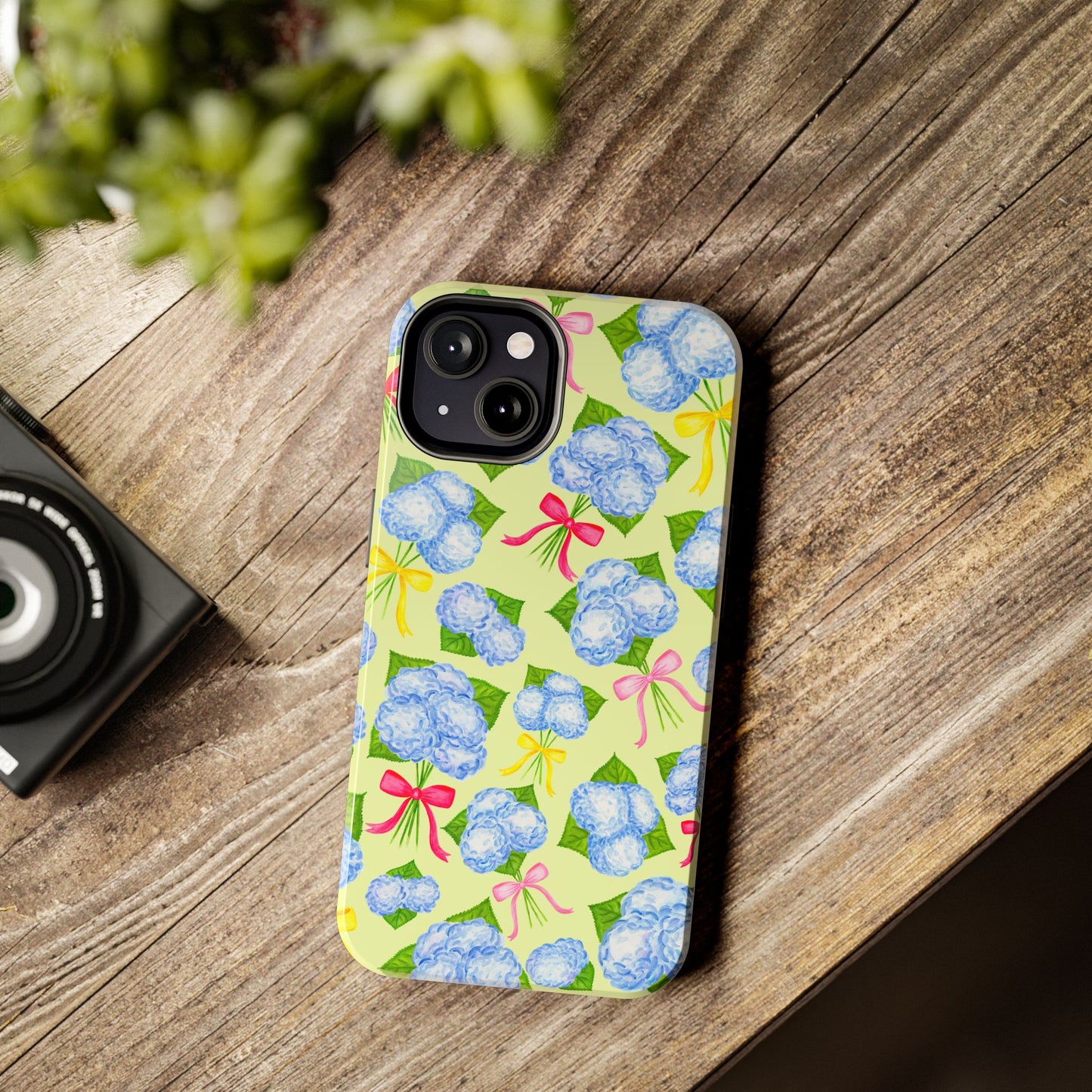 Blue Watercolor Hydrangea Bunches with Hot Pink, Yellow, Light Pink Bows Illustrated Patterned Yellow Tough Phone Case | Various Models