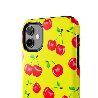 Tossed Red Watercolor Cherries Illustrated Pattern Bright Yellow Tough Phone Case | Various Models