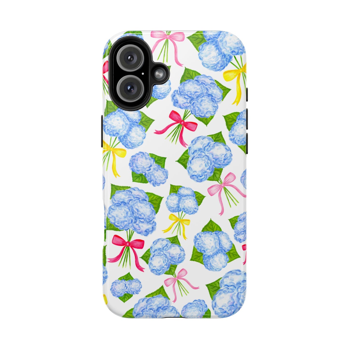 Blue Watercolor Hydrangea Bunches with Hot Pink, Yellow, Light Pink Bows Illustrated Patterned Tough Phone Case | Various Models