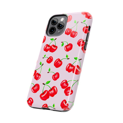 Tossed Red Watercolor Cherries Illustrated Pattern Light Pink Tough Phone Case | Various Models