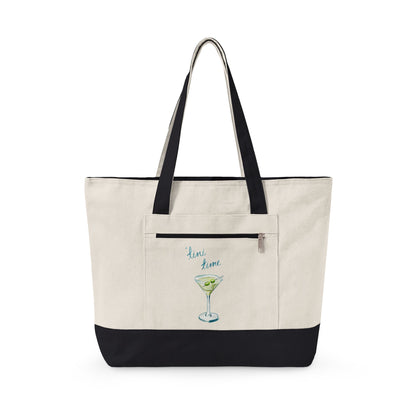 "'Tini Time" Blue Green Watercolor Martini Printed Zippered Canvas Tote 18" x 14" | Various Colors 18" x 14" x 4.5" Natural Black