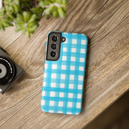 Turquoise Gingham Watercolor Illustrated Tough Phone Case | Various Models Available