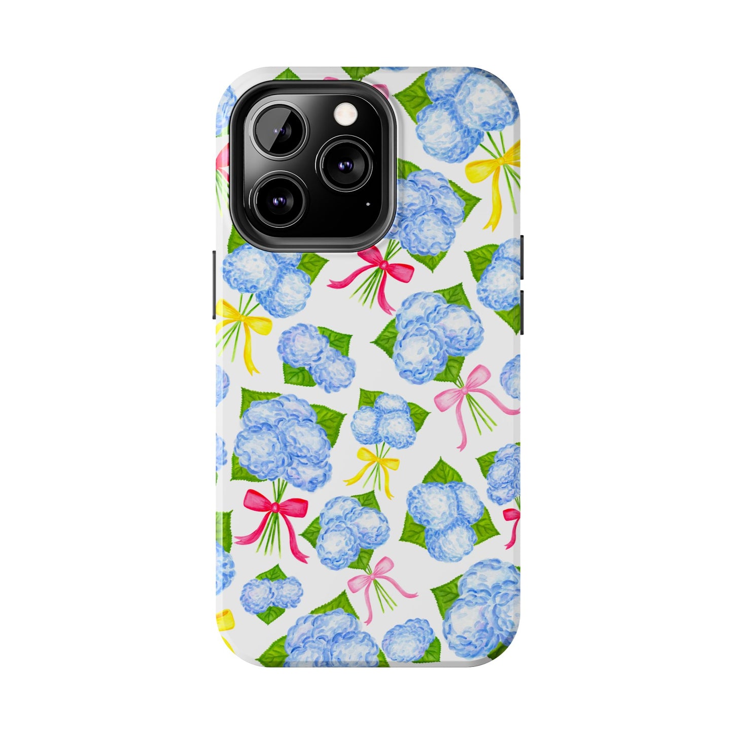Blue Watercolor Hydrangea Bunches with Hot Pink, Yellow, Light Pink Bows Illustrated Patterned Tough Phone Case | Various Models