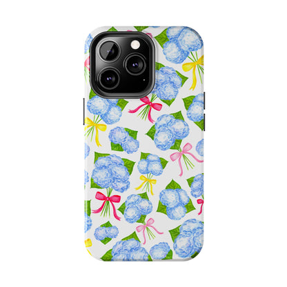 Blue Watercolor Hydrangea Bunches with Hot Pink, Yellow, Light Pink Bows Illustrated Patterned Tough Phone Case | Various Models