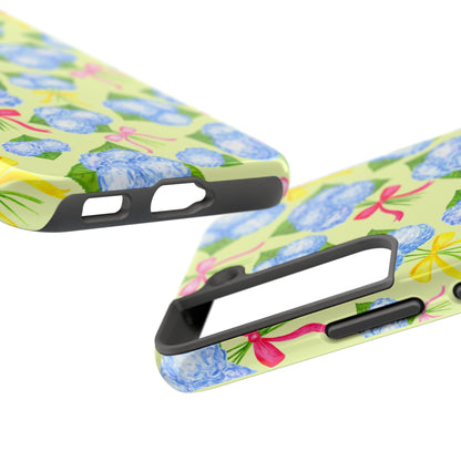 Blue Watercolor Hydrangea Bunches with Hot Pink, Yellow, Light Pink Bows Illustrated Patterned Yellow Tough Phone Case | Various Models