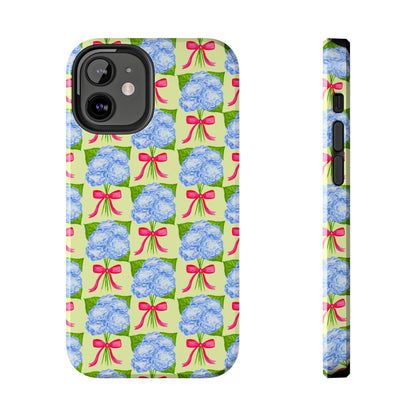 Blue Watercolor Hydrangea Bouquets with Hot Pink Bows Illustrated Patterned Yellow Preppy Grand Millenial Tough Phone Case | Various Models