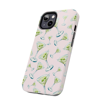 Watercolor Blue and Green Martinis Tossed Illustrated Pattern Blush Pink Tough Phone Case | Various Models