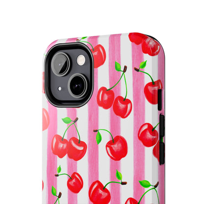 Tossed Red Watercolor Cherries Illustrated Pattern Light Pink Stripes Tough Phone Case | Various Models