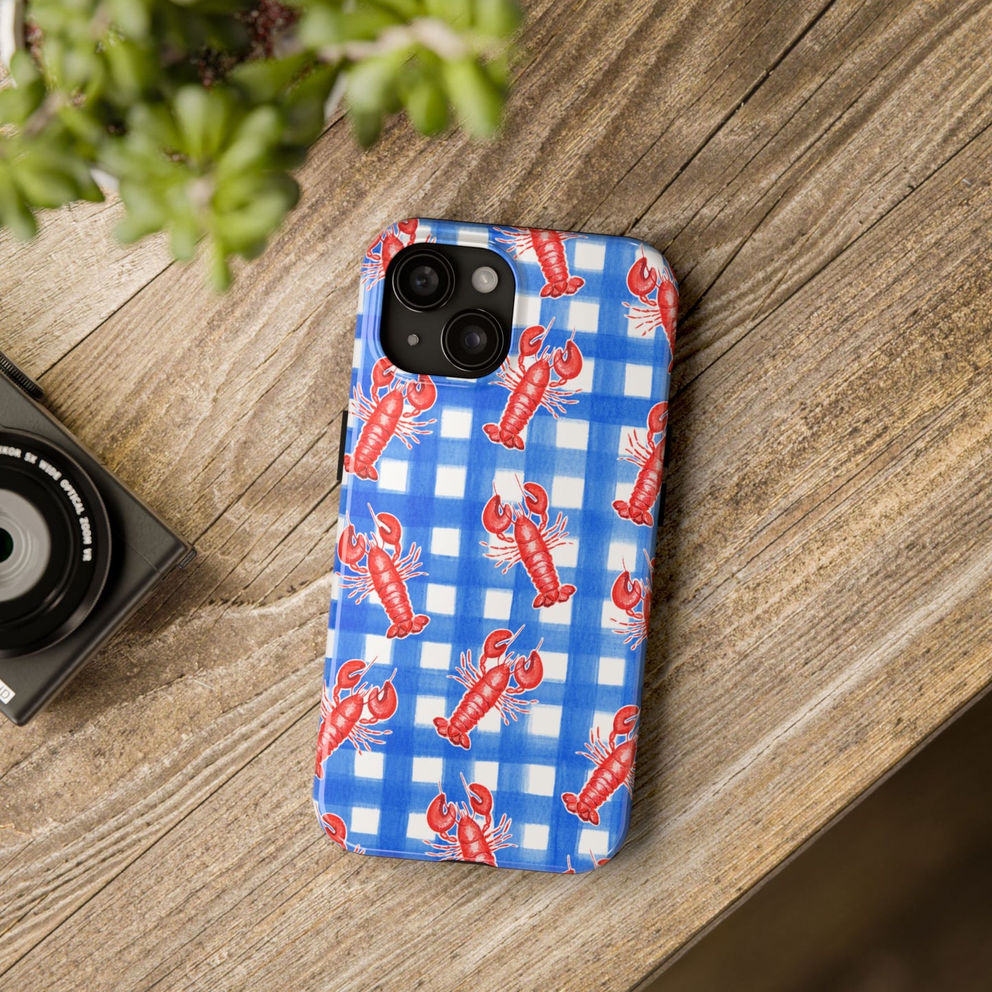 Blue Gingham Red Lobster Watercolor Patterned Phone Case | Various Models