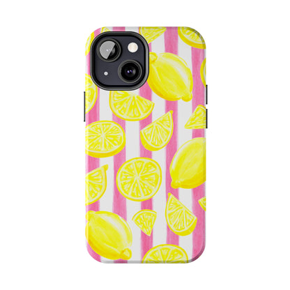 Pink Lemonade Yellow Lemons with Pink & White Watercolor Stripes Tough Phone Case