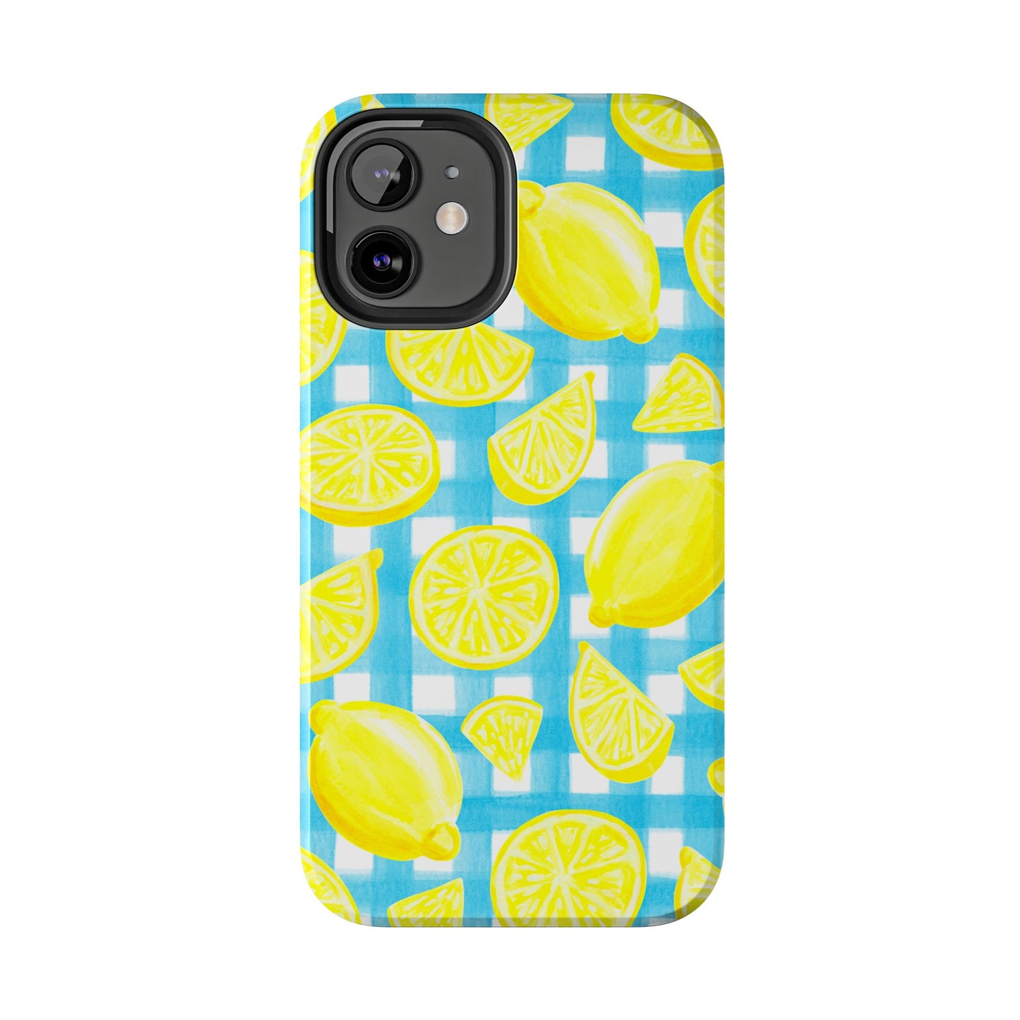 Bright Yellow Lemons Watercolor Illustrated Tossed Pattern Turquoise Gingham Tough Phone Case | Various Models