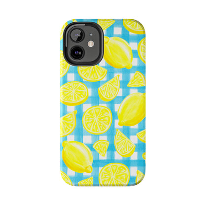 Bright Yellow Lemons Watercolor Illustrated Tossed Pattern Turquoise Gingham Tough Phone Case | Various Models