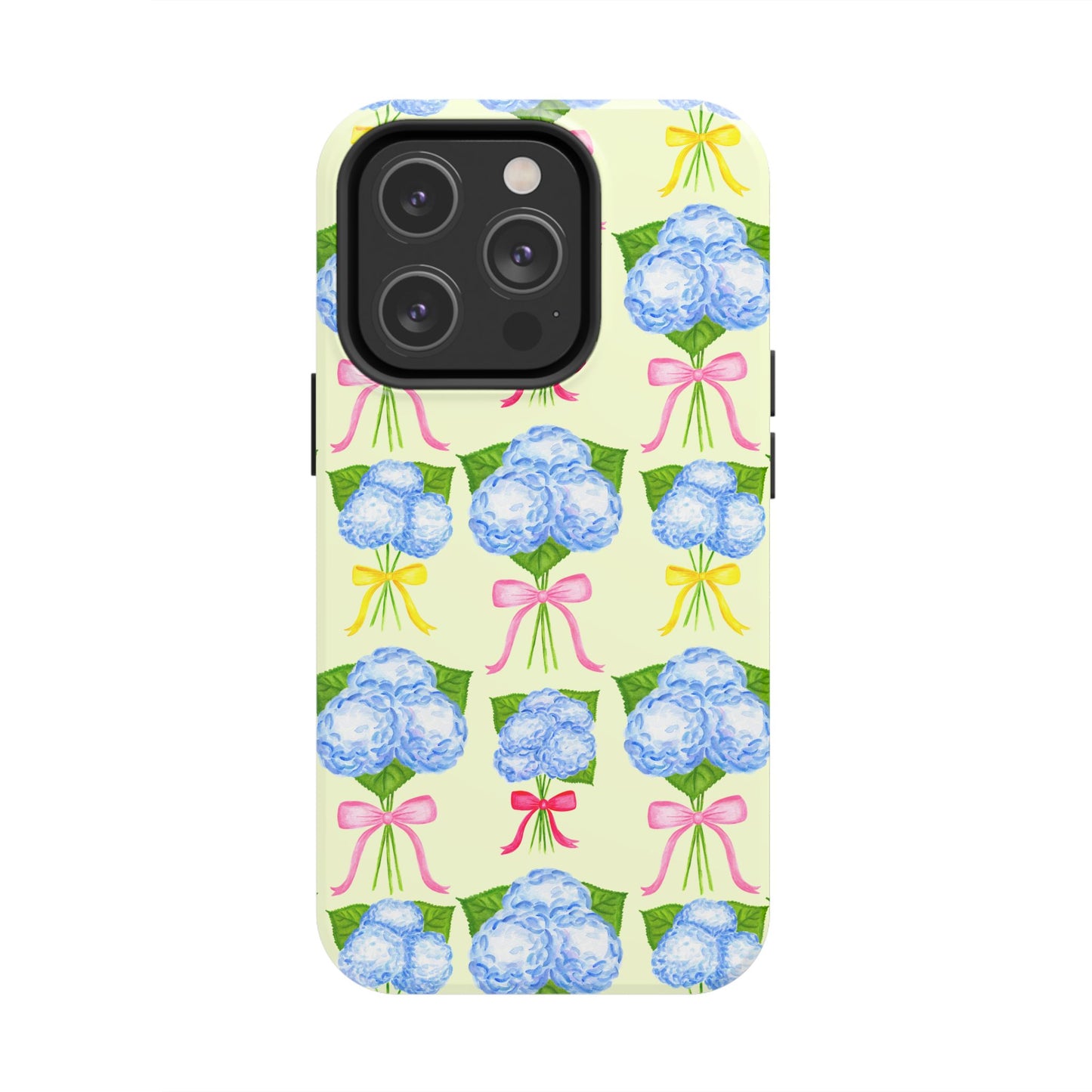 Blue Hydrangeas with Hot Pink, Yellow, Light Pink Bows Watercolor Illustrated Patterned Light Yellow Tough Phone Case | Various Models