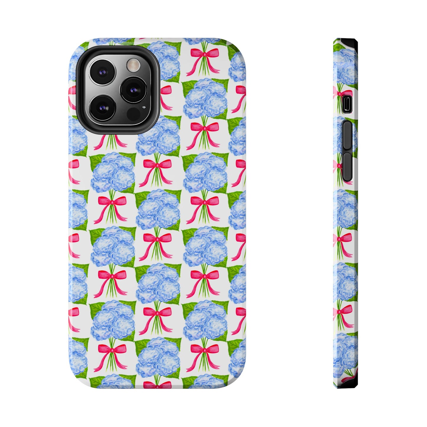 Blue Watercolor Hydrangea Bouquets with Hot Pink Bows Illustrated Patterned Tough Phone Case | Various Models