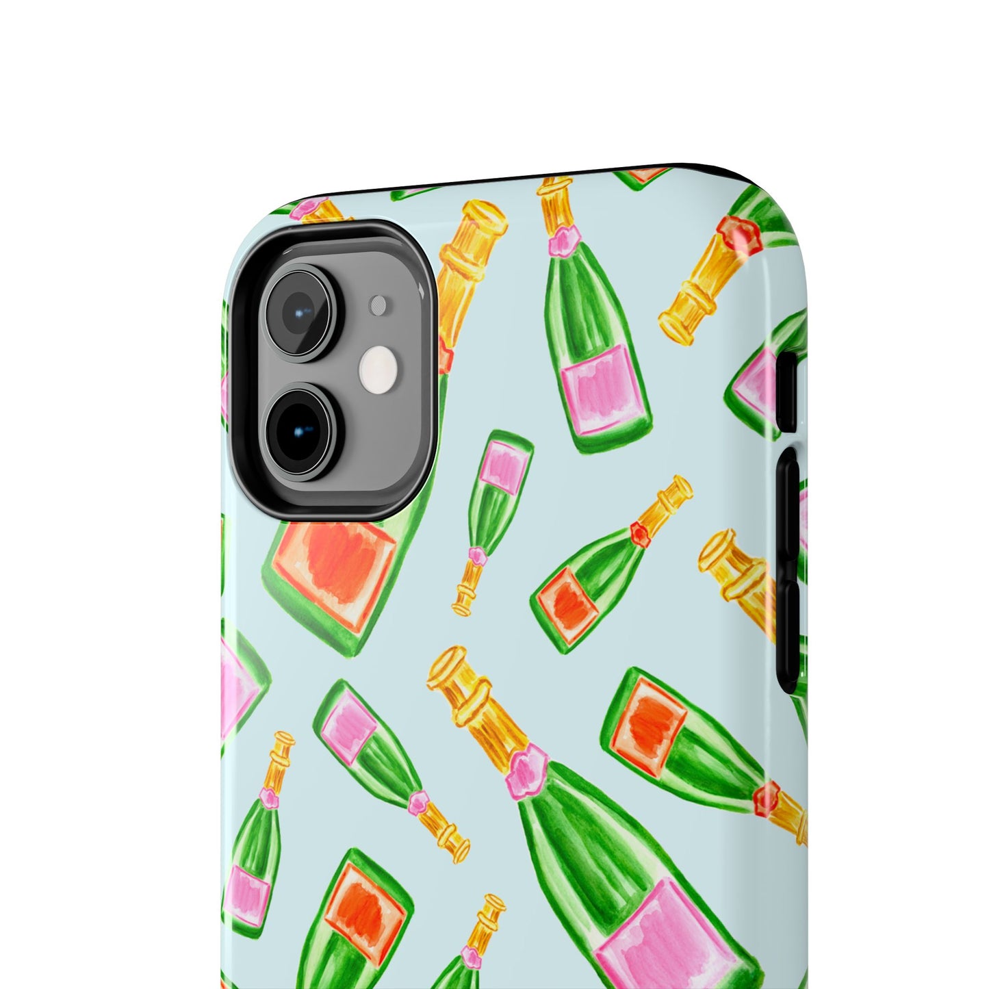 Tossed Pink and Green & Orange and Green Watercolor Illustrated Champagne Bottles Pattern Light Blue Tough Phone Case | Various Models