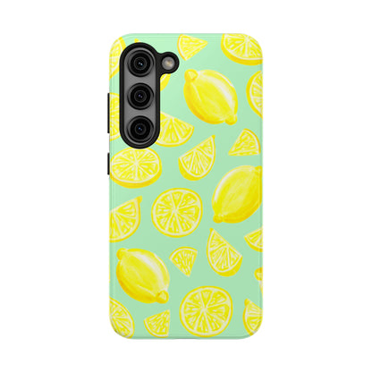 Bright Yellow Lemons Watercolor Illustrated Tossed Pattern Mint Green Tough Phone Case | Various Models