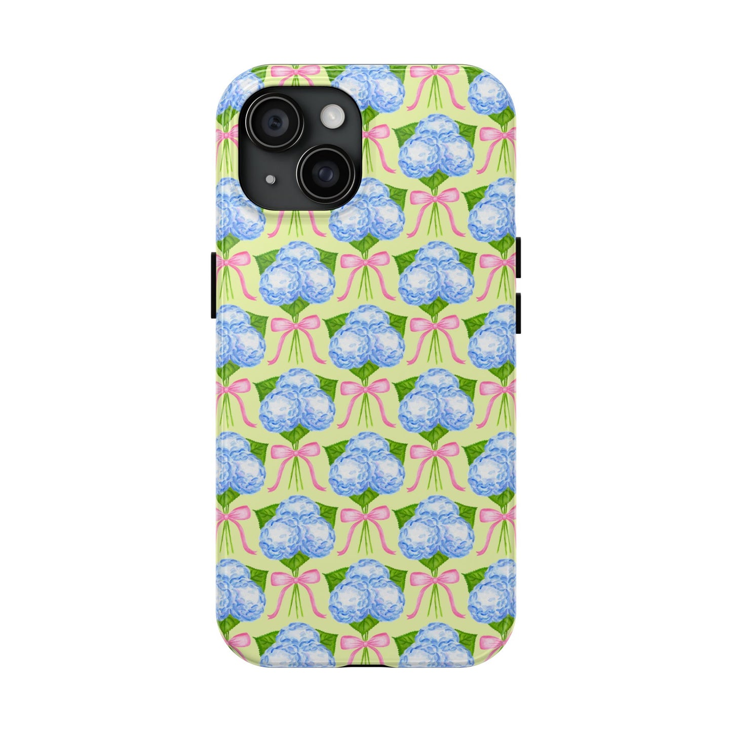 Blue Watercolor Hydrangea Bouquets with Light Pink Bows Watercolor Illustrated Patterned Yellow Tough Phone Case | Various Models