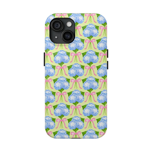 Blue Watercolor Hydrangea Bouquets with Light Pink Bows Watercolor Illustrated Patterned Yellow Tough Phone Case | Various Models iPhone 15