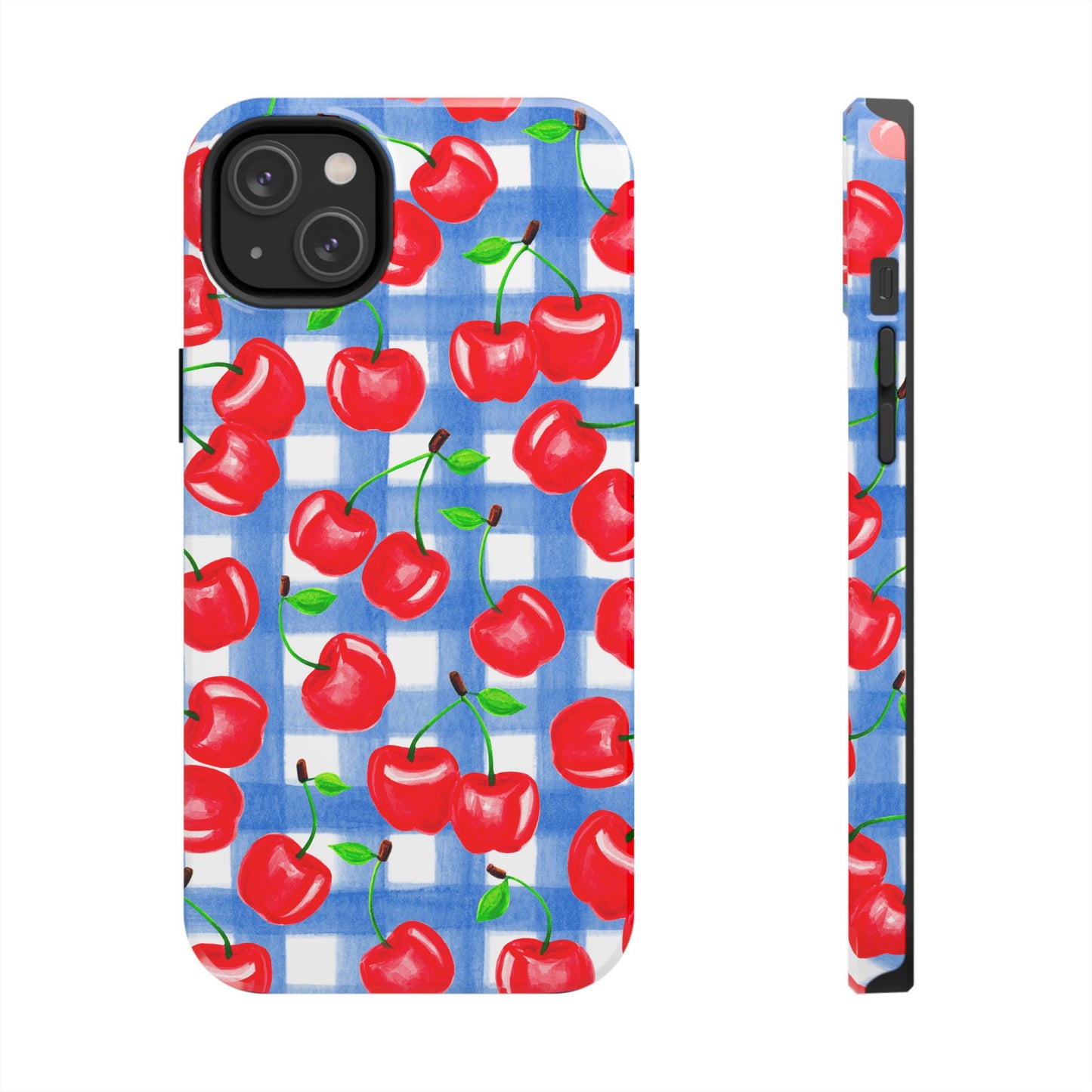 Tossed Red Cherries Blue Gingham Checkered Watercolor Illustrated Tough Phone Case | Various Models