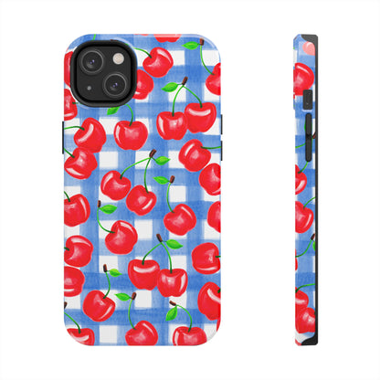 Tossed Red Cherries Blue Gingham Checkered Watercolor Illustrated Tough Phone Case | Various Models