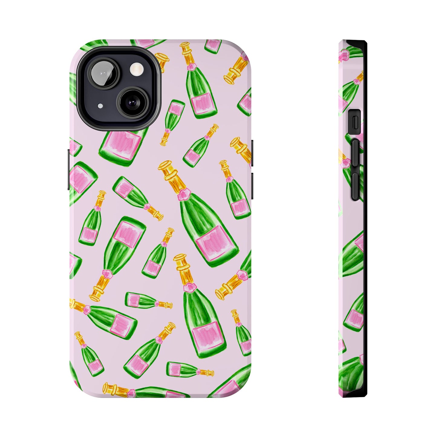 Tossed Pink and Green Watercolor Illustrated Champagne Bottles Pattern Blush Pink Tough Phone Case | Various Models