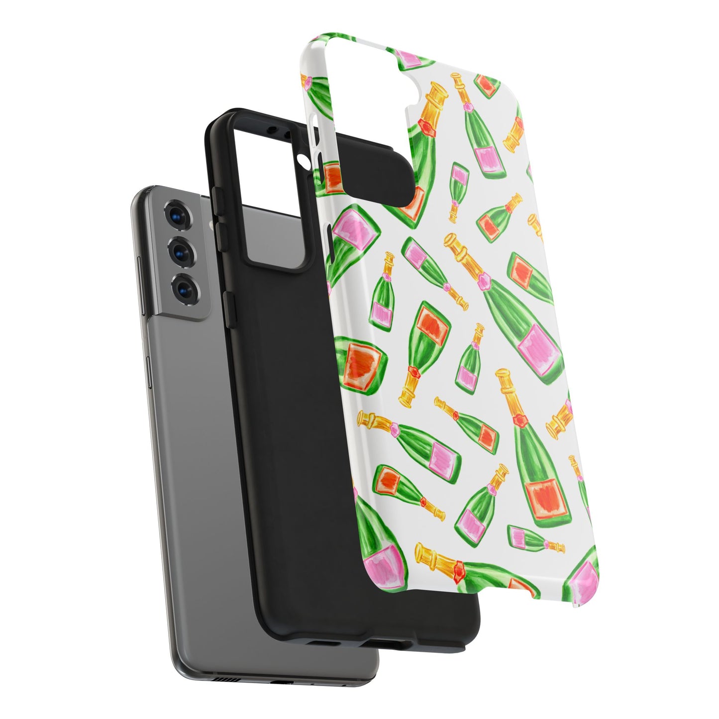 Tossed Pink and Green & Orange and Green Watercolor Illustrated Champagne Bottles Pattern Tough Phone Case | Various Models