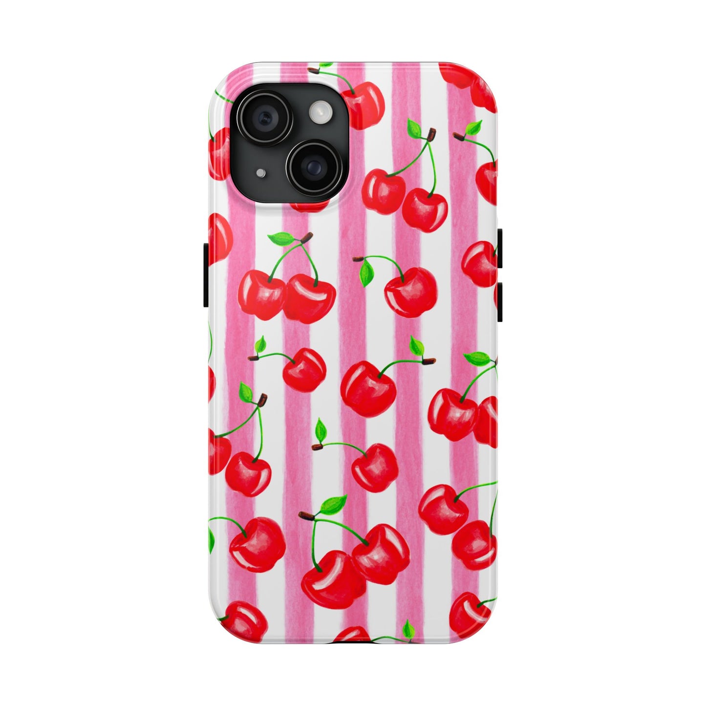 Tossed Red Watercolor Cherries Illustrated Pattern Light Pink Stripes Tough Phone Case | Various Models