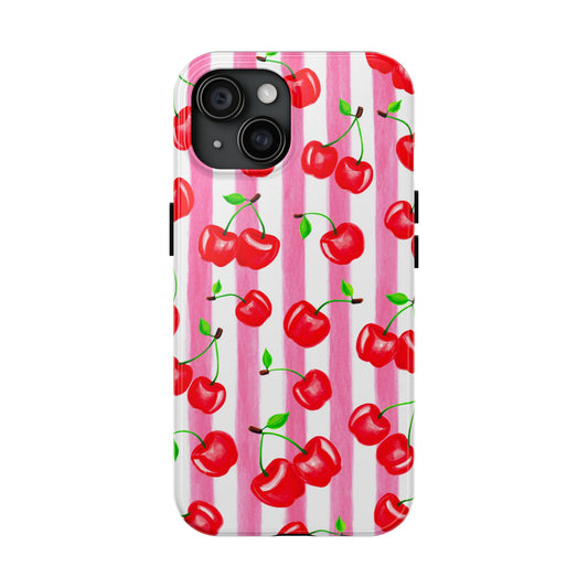 Tossed Red Watercolor Cherries Illustrated Pattern Light Pink Stripes Tough Phone Case | Various Models iPhone 15