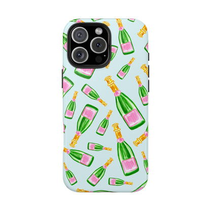Tossed Pink and Green Watercolor Illustrated Champagne Bottles Pattern Light Blue Tough Phone Case | Various Models