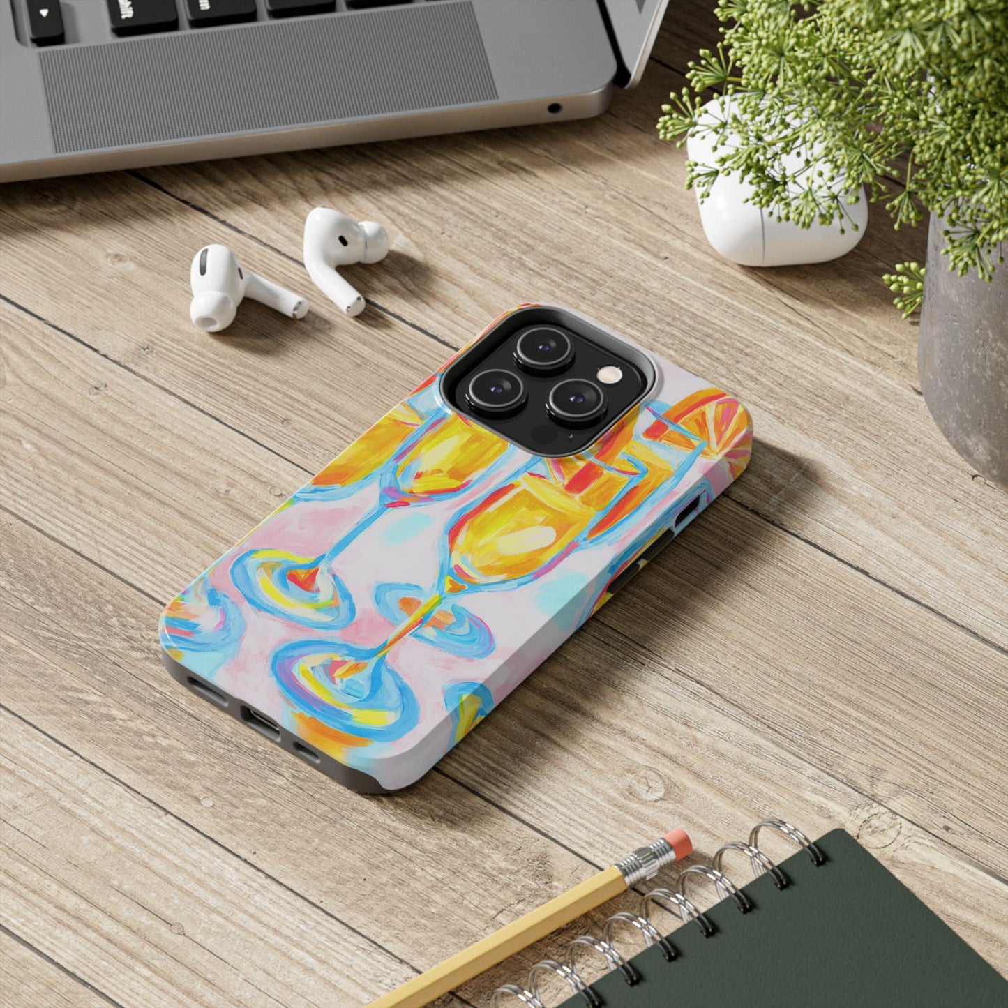 Pink Orange Mimosas Blue Champagne Flutes Abstract Acrylic Tough Phone Case | Various Models