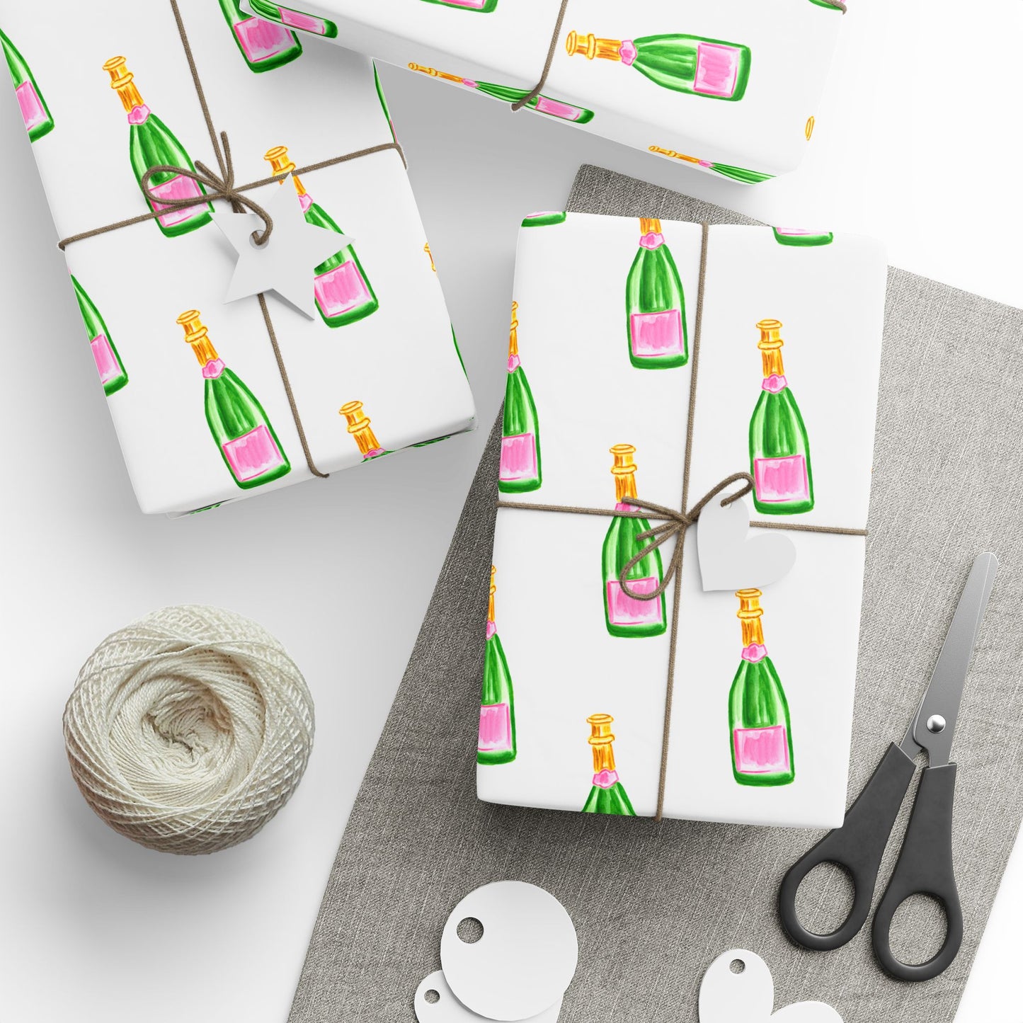 Gift Wrap | White Watercolor Pink & Green Champagne Bottles Pattern | Matte or Glossy