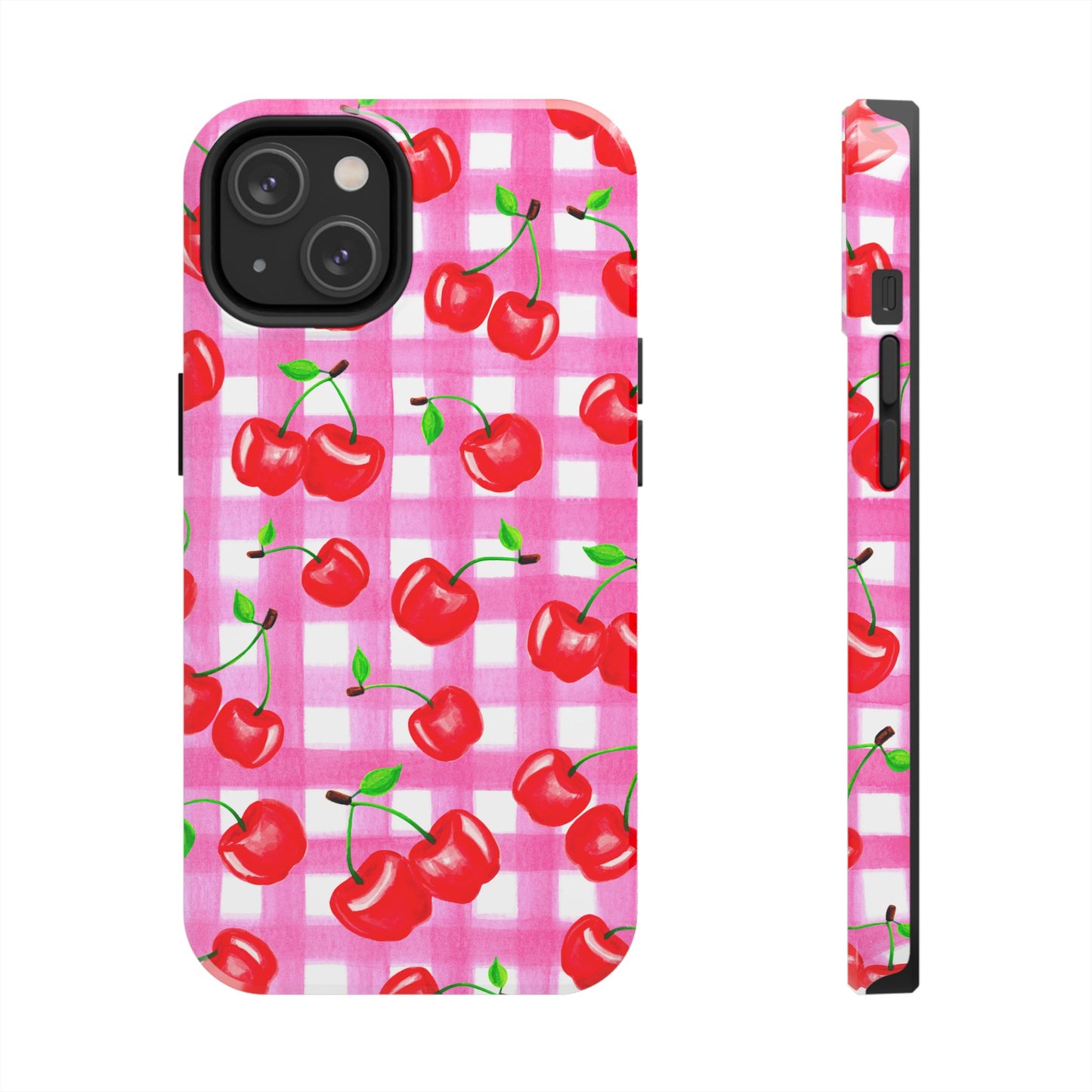Tossed Red Watercolor Cherries Illustrated Pattern Light Pink Gingham Tough Phone Case | Various Models