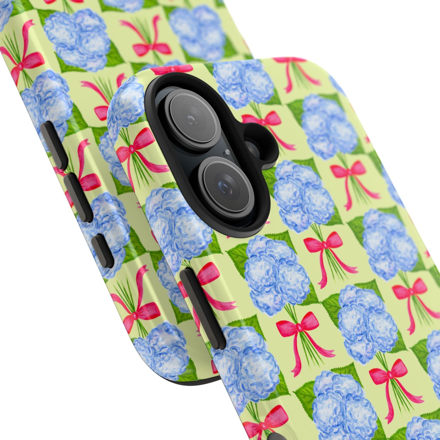 Blue Watercolor Hydrangea Bouquets with Hot Pink Bows Illustrated Patterned Yellow Preppy Grand Millenial Tough Phone Case | Various Models