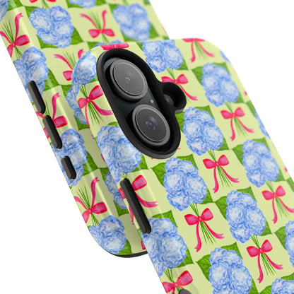 Blue Watercolor Hydrangea Bouquets with Hot Pink Bows Illustrated Patterned Yellow Preppy Grand Millenial Tough Phone Case | Various Models